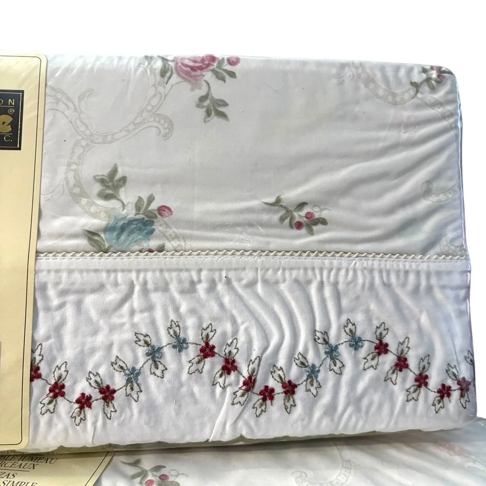 Vintage Lawrence Home Marseille TwinSheet Set 3pc 100% Cotton Floral Embroidered